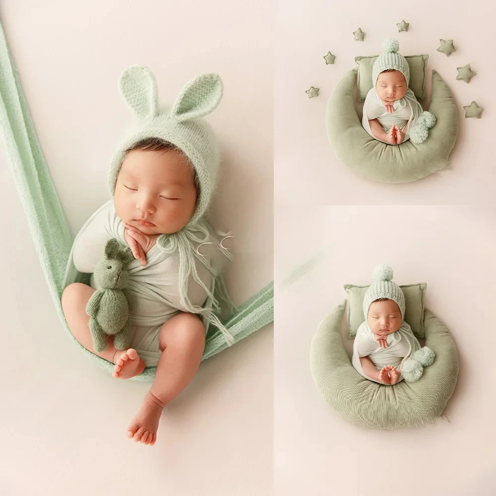 Pasgeboren Fotografie Props Stretch Wrap Deken Handgemaakte Konijn Hoed Baby Foto Props Studio Volle Maan Baby Schieten Accessoires