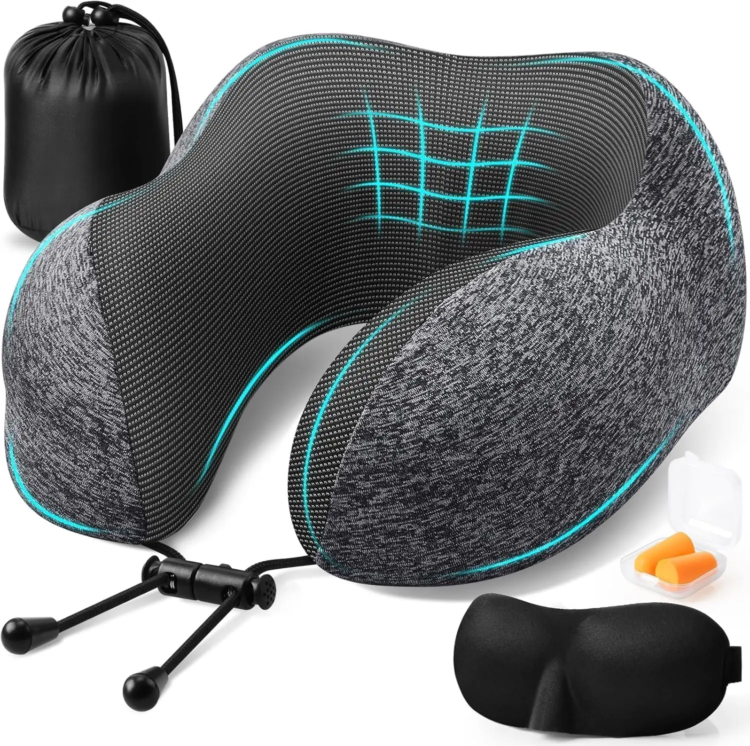 

Travel Pillow Set with Memory Foam, Eye Mask, Earplugs & Bag for Airplane, Dark Grey