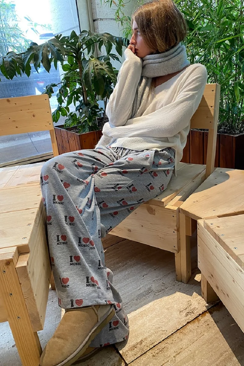 Pantalon de pyjama taille haute amincissant pour femme, pantalon décontracté, jambe large, hip hop, sport, maison, mode, j'aime la musique, printemps, été