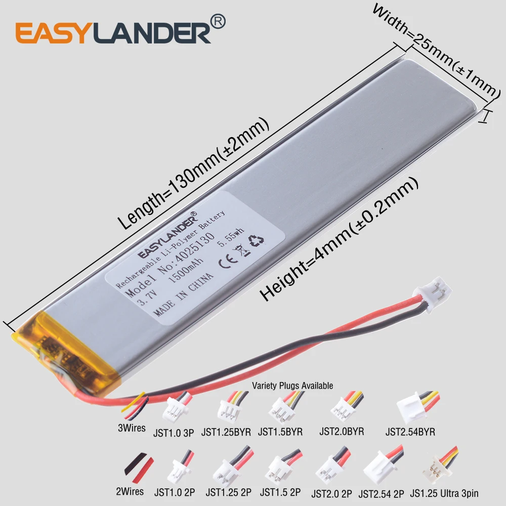 Variety Plugs 4025130 1500mAh Lipo Battery 3.7V Lithium Polymer Batteries for Cabinet Stair Sensor Light LED Lights Cell E-book