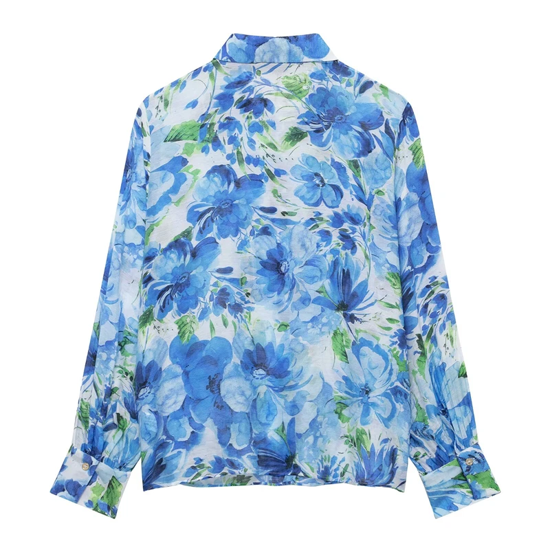 KEYANKETIAN 2025 wiosna nowa damska niebieska koszula z nadrukiem kwiatowym styl duszpasterski pojedyncze piersi z długim rękawem luźna szyfonowa bluzka Top