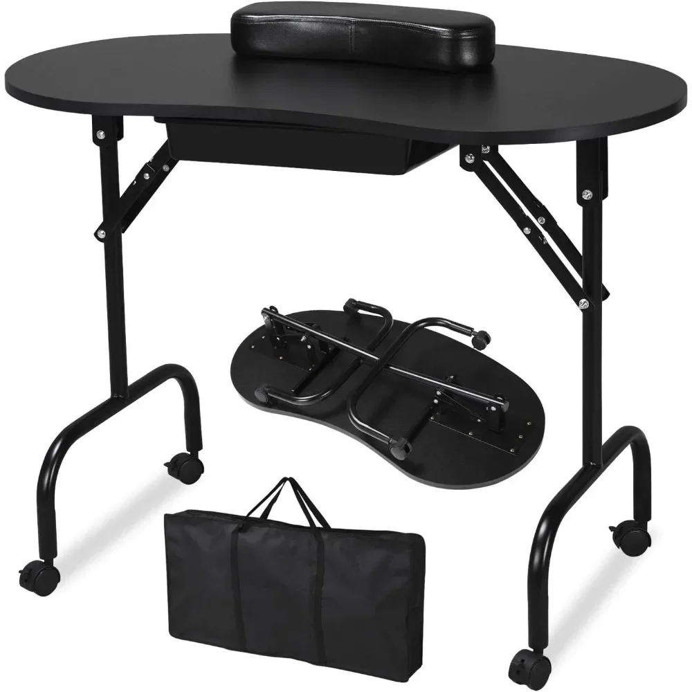 

37-inch Portable & Foldable Manicure Table Nail Desk Workstation with Large Drawer/Client Wrist Pad/Controllable Wheels/Case