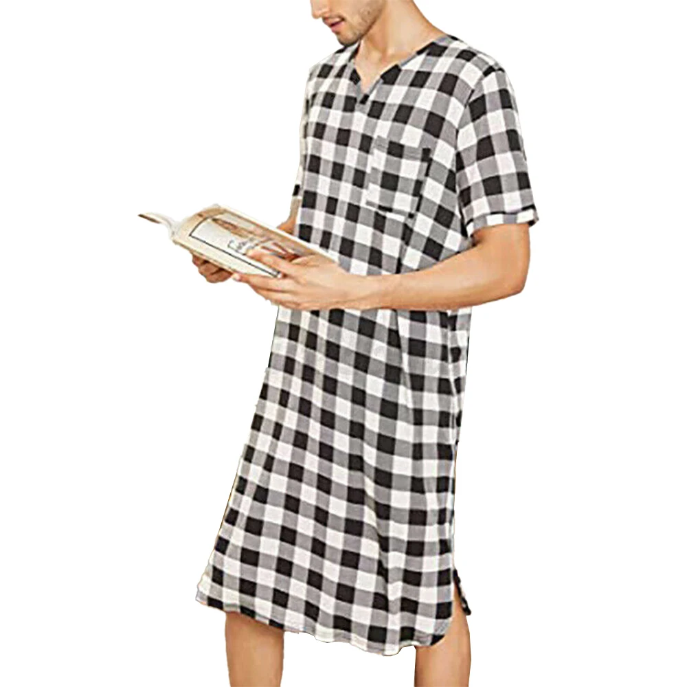 

Mens Casual Loose Plaid Nightgown Sleepwear Lattice Short-sleeved V Neckline Nightwear Fashion Leisure Comfortable Homewear