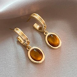 Europe and America Vintage Natural Oval Tiger Eye Stone Pendant Gold Color Earrings Luxury Accessories for Women‘s New Jewelry
