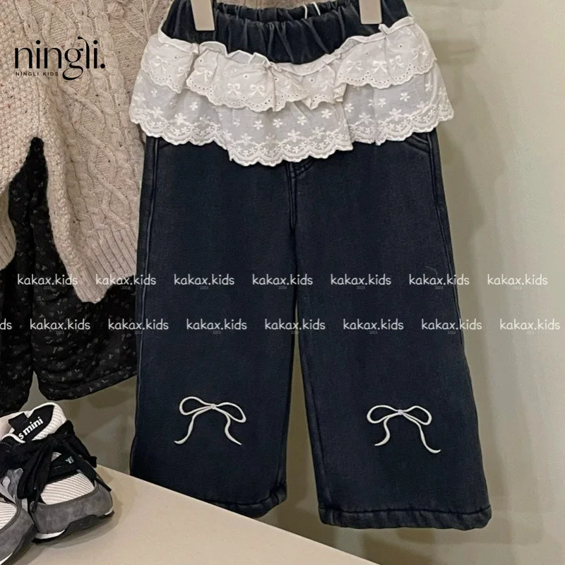 

New Winter Models Korean Lace Waist Embroidered Bow Fleece-lined Denim Straight-Leg Pants Super Good to Wear Jeans