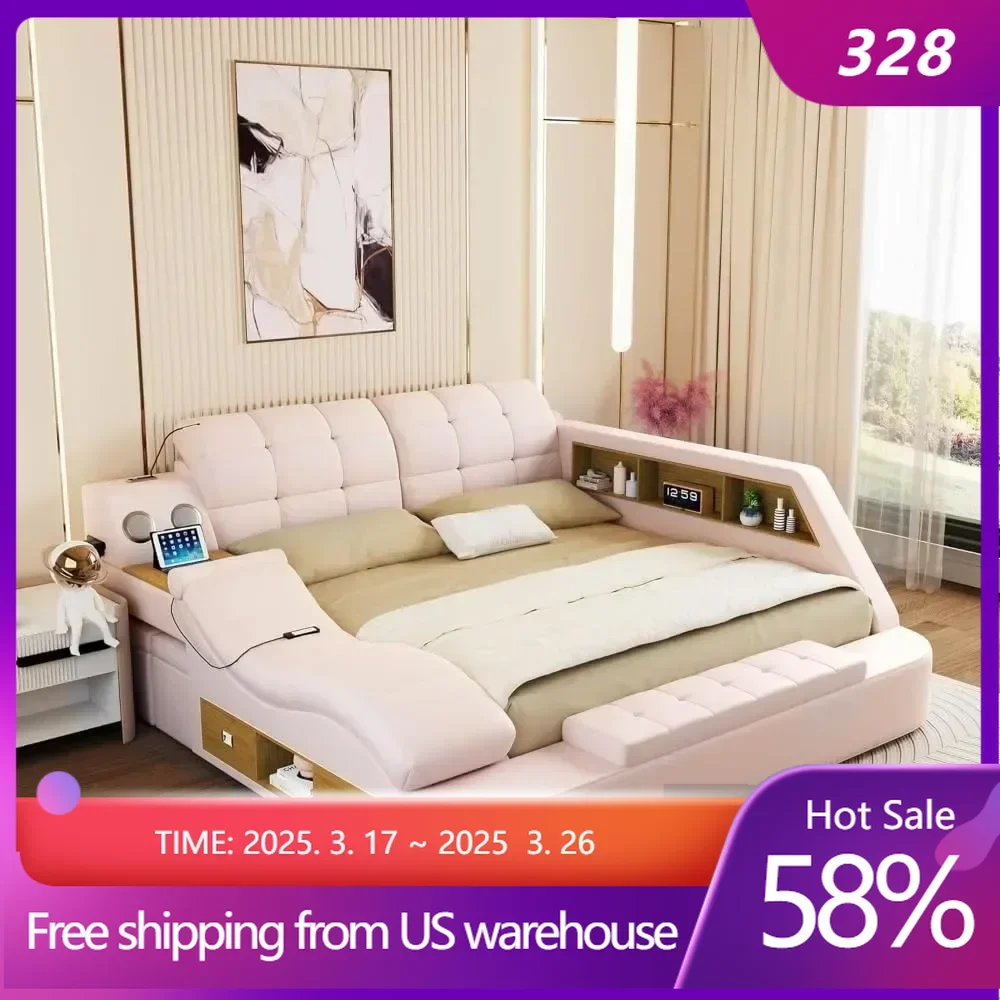 Multifunction Smart King Bed Frame,Modern Luxury Bed Frame,Leather Bedroom Bed Furniture with Massage Recliner,Bluetooth Speaker