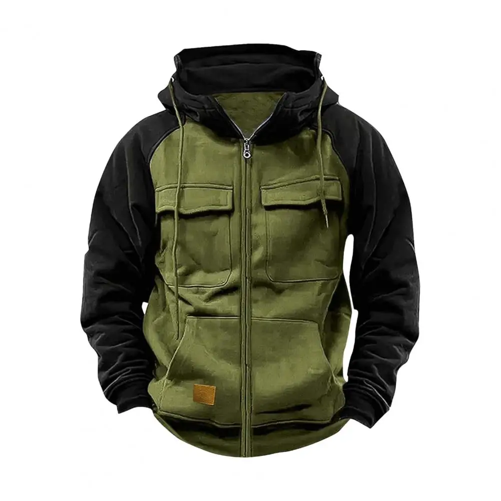 2024 Retro Cargo Hoodies Men\'s Half Zipper Solid Warm Fleece Sweatshirts Multi Pockets Male Hooded Jackets Thick Outdoor Hooded