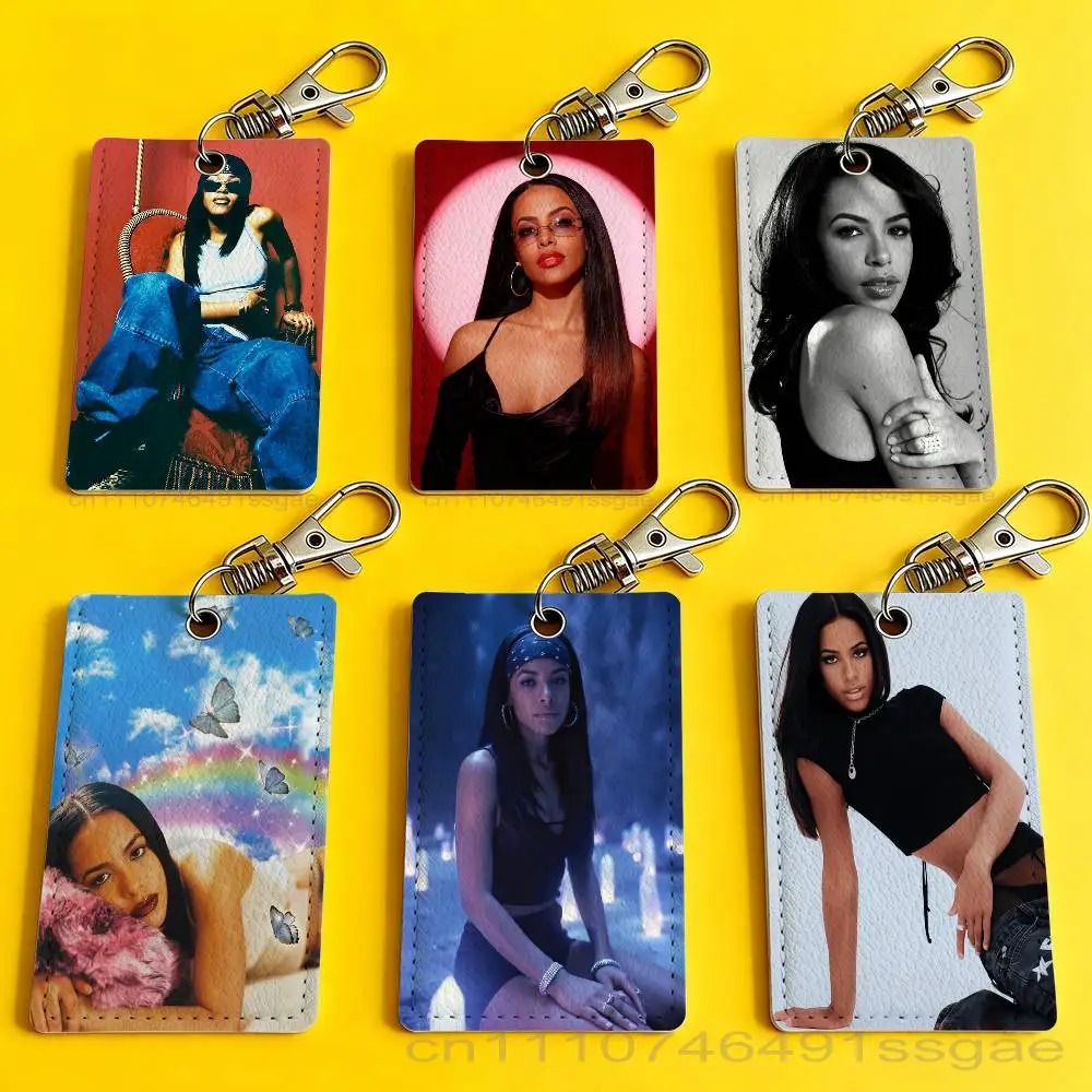 A-Aaliyah Singer Card Case Leather Card Holder Keychain Key Ring Door Access Tags ID Card Case Keychain