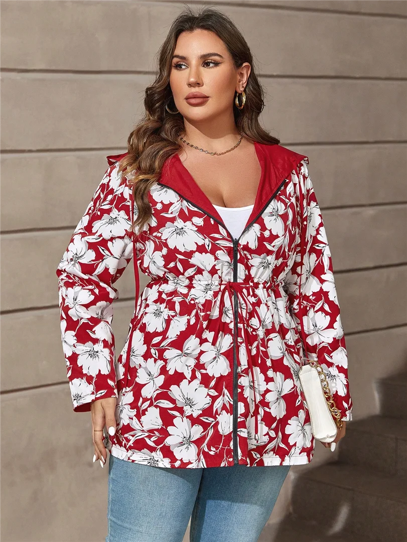 Plus-Size-Damen-Wendekapuzenjacke mit rotem Blumenmuster, beidseitig tragbar, Windbreaker, Reißverschluss, lässige Herbst-Oberbekleidung – Detail 3