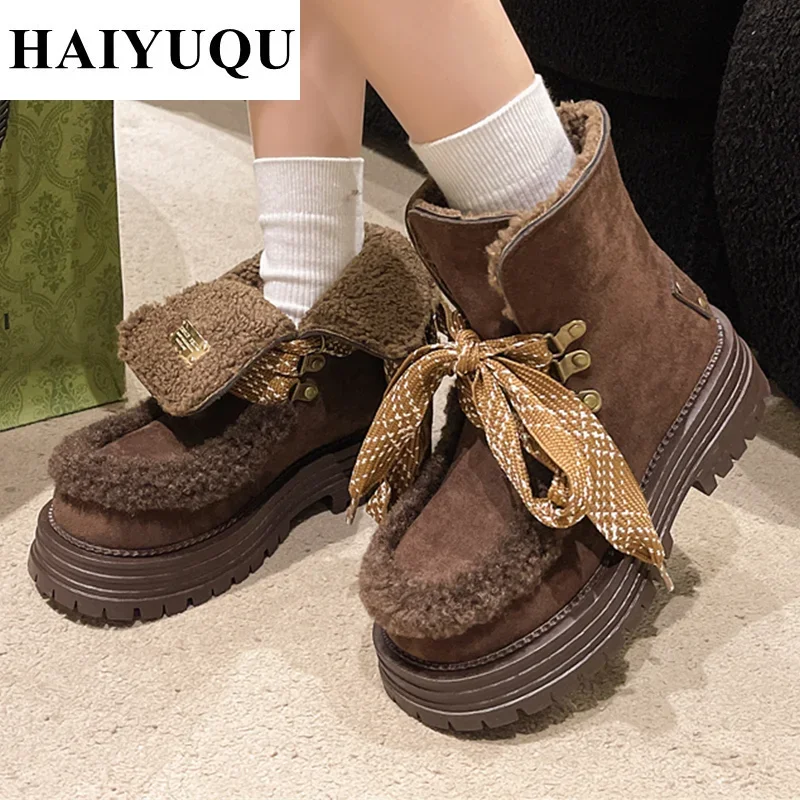 Winter Fur Snow Ankle Boots Women Suede Flats Platform Shoes Women 2025 Brand Warm Cotton Boots Short Plush Sport Casaul Shoes