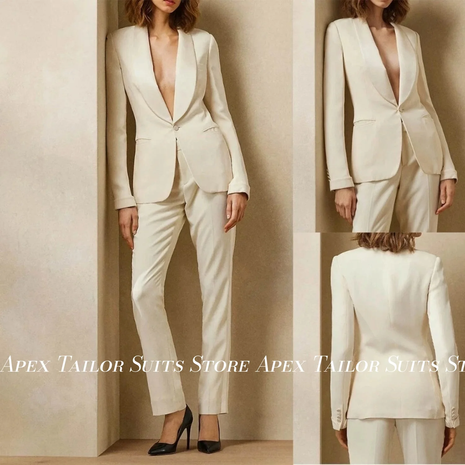 Ivory Women 2 Piece Suit Set Shawl Collar Slim Fit Blazer Straight Trousers Ladies Office Evening Wedding Party Suit Set