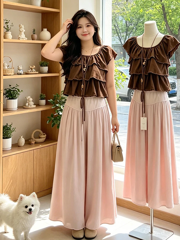 

Ladies Summer New Style Korean Loose Fit Two-Piece Set with Lace Trim Top Wide Leg Pants And Skirt Casual Fashion Outfit