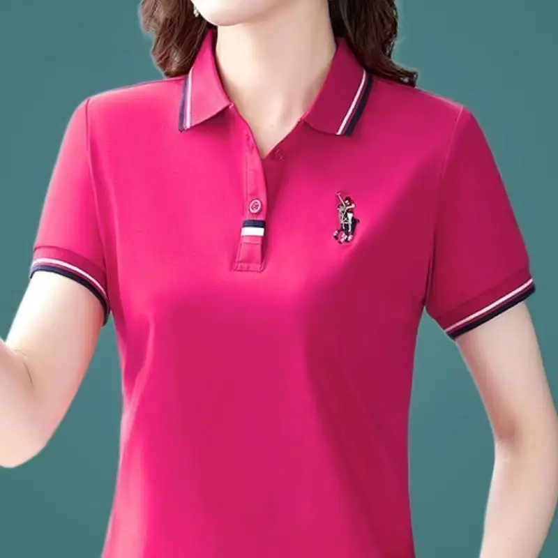 Women's Short Sleeve T-shirt 2023 New Middle-Aged Summer Women's Lapel T-shirt Loose Large Size Ladies Polos Mujer