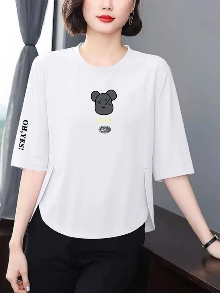 

Casual Floral Print Short Sleeve T-Shirt Women Summer Loose Slimming Meat Concealing Fashionable Youthful All-Match Mid-Age Top