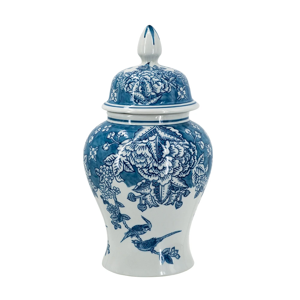 D8.3x15.2 Inch Classic Blue White Porcelain Ginger Jar, Exquisite Hand Painted Flower & Bird Pattern Decor Vase for Home Living Room Tabletop Display