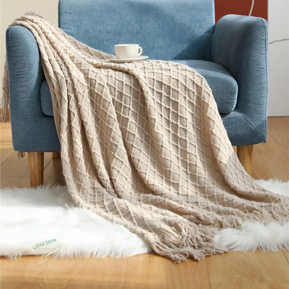 

Faux Cashmere Sofa Blanket Cover, Nordic Style, Knit Plaid Throw, Tassels Bedspread, Golden Blanket, Spring, Summer