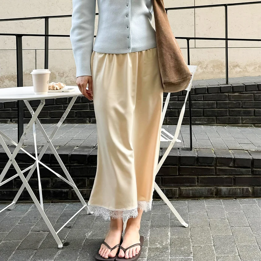 

Linad Elegant Brown Lace Satin Skirts Woman Street Chic Elastic Waist Midi Skirt Casual Slim Straight Skirt 2025 Spring Summer