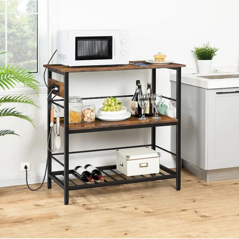 Kitchen Island with Storage, Kitchen Island Table with Power Outlet, 3 Tier Coffee Station and Microwave Stand, for Home