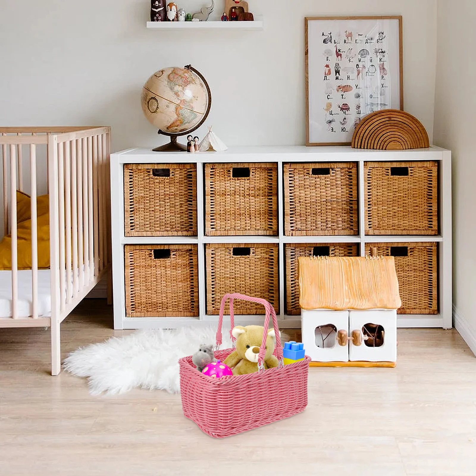 سلة نزهة منسوجة يدويًا، سلة تخزين من الخيزران، حامل أشتات محمول، تصميم فني لزهرة الفاكهة والخضروات