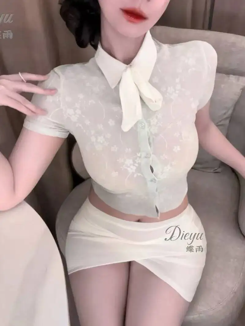 

Sexy Fashion Korean Style Transparent Secretary Sexy Bodycon Ultra Short Flight Attendant Uniform Two Piece Skirt Set U2ER