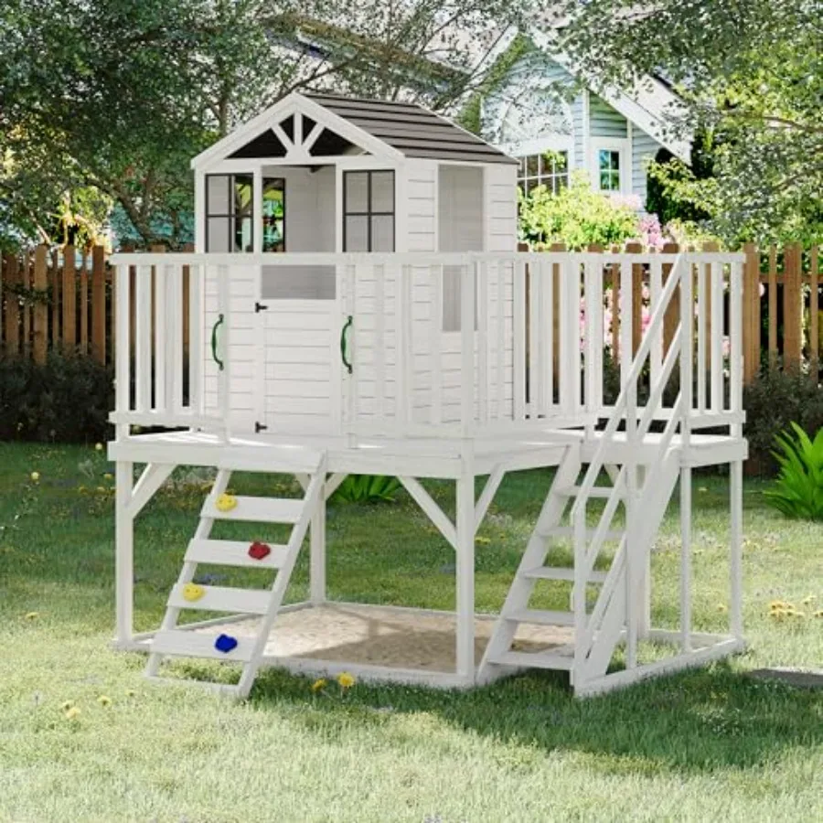 2 Story Wooden Playhouse for Outdoor Use, Cedar Wood, Natural Color, Includes Climbing Wall and Step Ladder