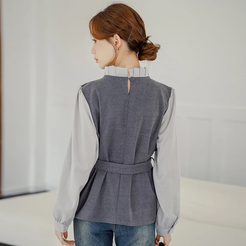 Elegant Fashion Ruffles Collar Women Blouse Contrasting Color Fake Two-Piece Shirt Slim Long Sleeve Office Lady Casual Tops