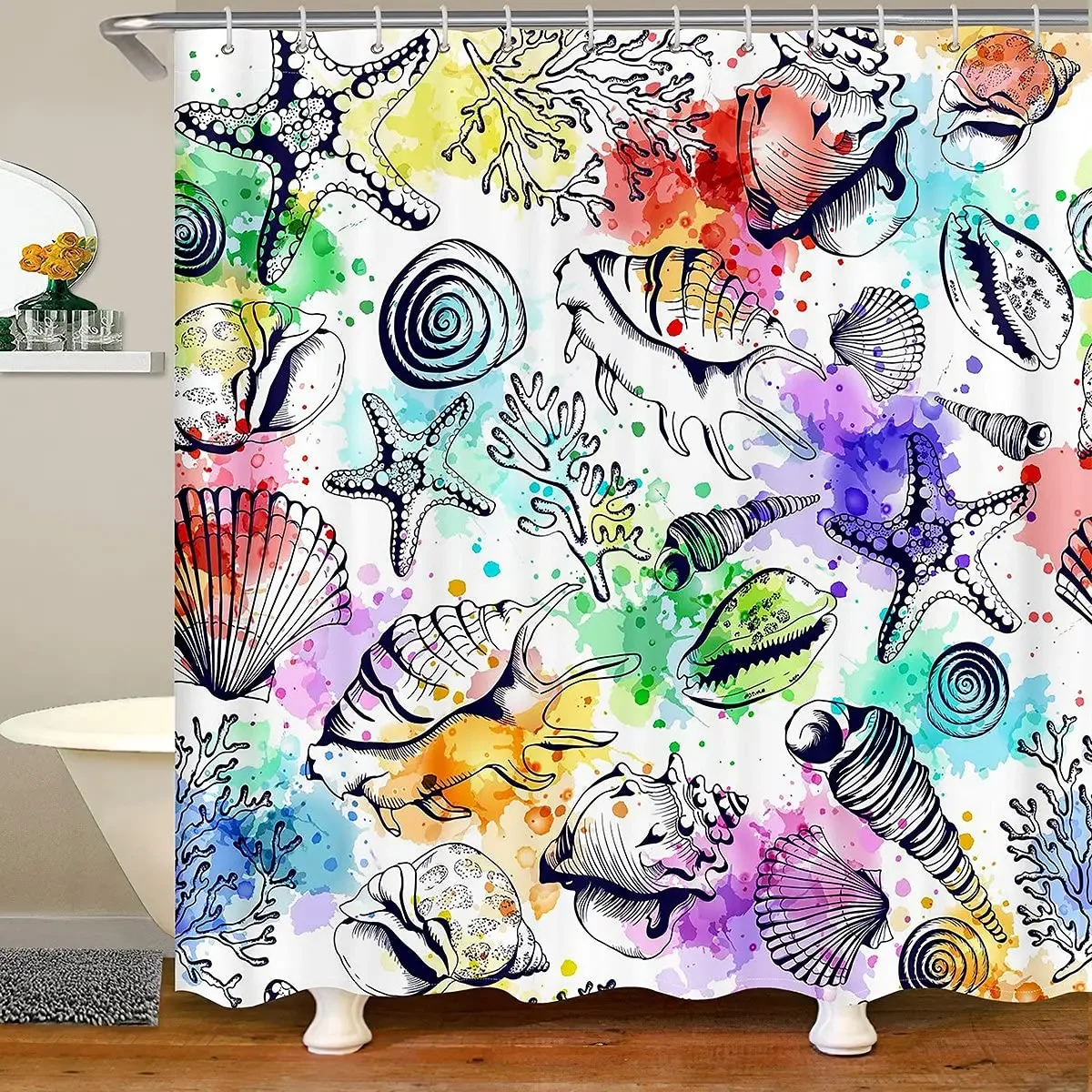 

Ocean Shower Curtain, Corals Fishes Jellyfish Scatefish Starfish In Shallow Underwater,Waterproof Fabric Bathroom Curtains