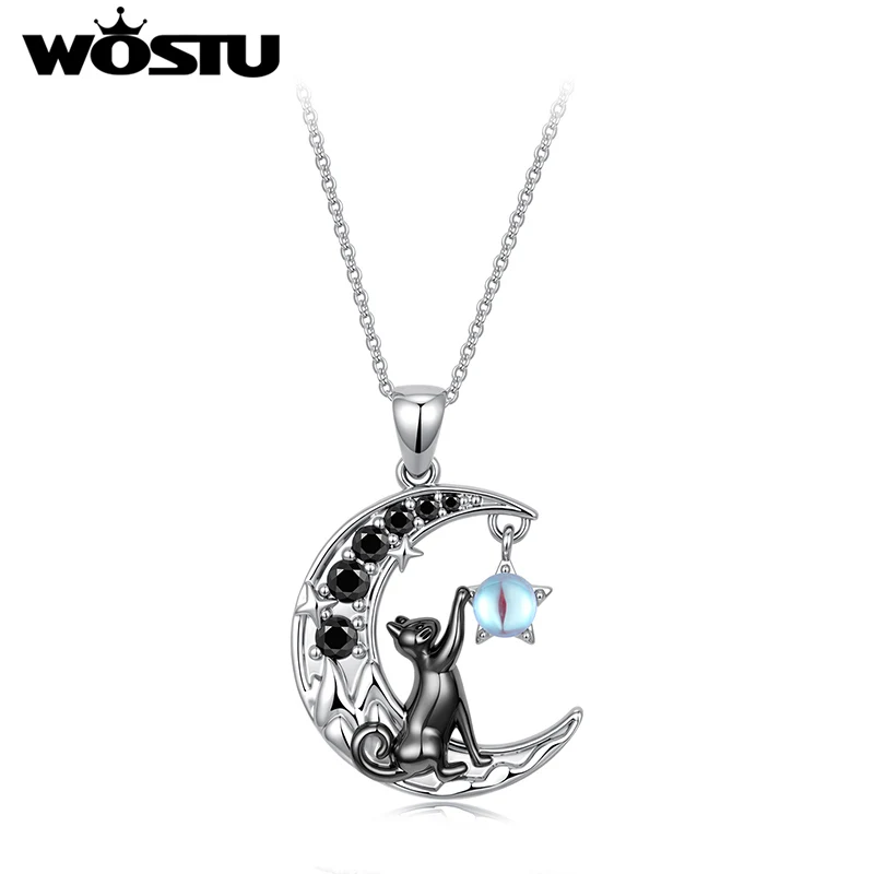 WOSTU Cool Black Moon and Cat Pendant Necklace For Women, White Gold Plated Chain Necklaces Hypoallergenic Gift For Pet Lover