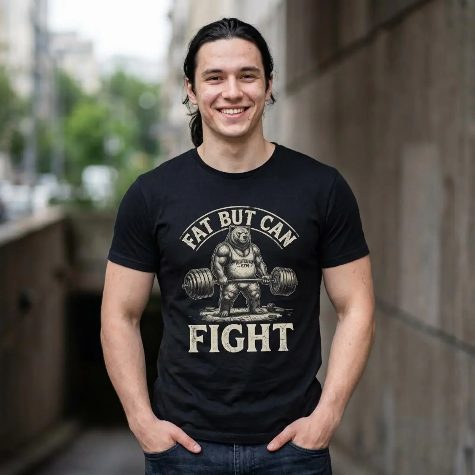 Fat But Can Fight Gym Workout Cardio Bodybuilding T Shirt Funny Powerlifter Humorous Fitness Top vintage Washed Stylish Casual