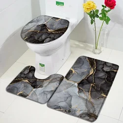 Modern Marble Bath Mat Set Gold Lines Grey Black Textured Pattern Abstract Art Home Bathroom Decor Non-slip Rug Toilet Lid Cover