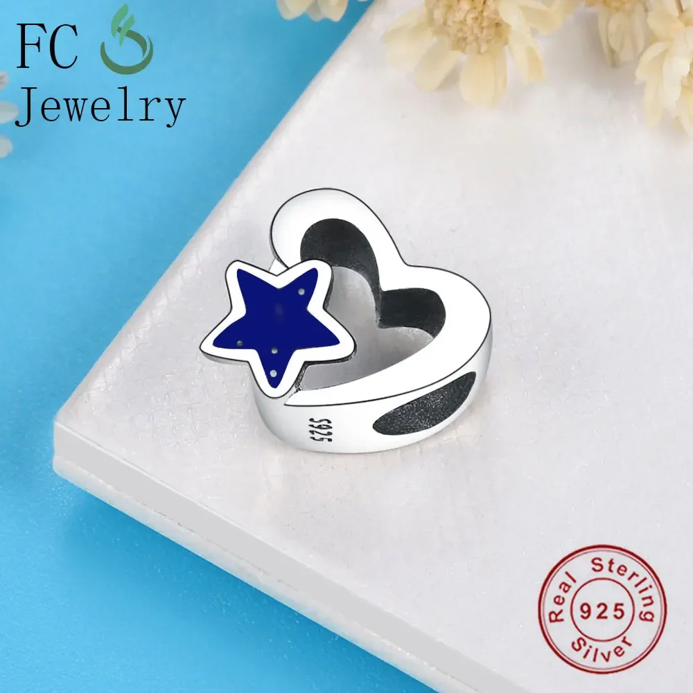 FC Jewelry Fit Original Brand Charms Bracelet Authentic 925 Sterling Silver Heart Blue Enamel Star Bead Berloque 2018 Valentine