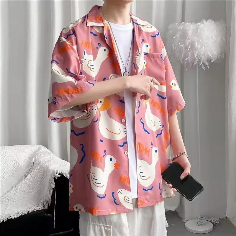 Fairy Tale Cute Duck Anime Button Up Shirt Kawaii Teenage Cool Beach Tops Oversized Loose Casual Men Women Streetwear Summer Tee