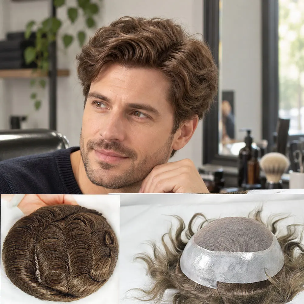 Curly Wavy Toupee For Men Natural Hairline 8x10 Inch Middle Brown 4# Lace Top Aroun PU Hairpiece Replacement System for Men