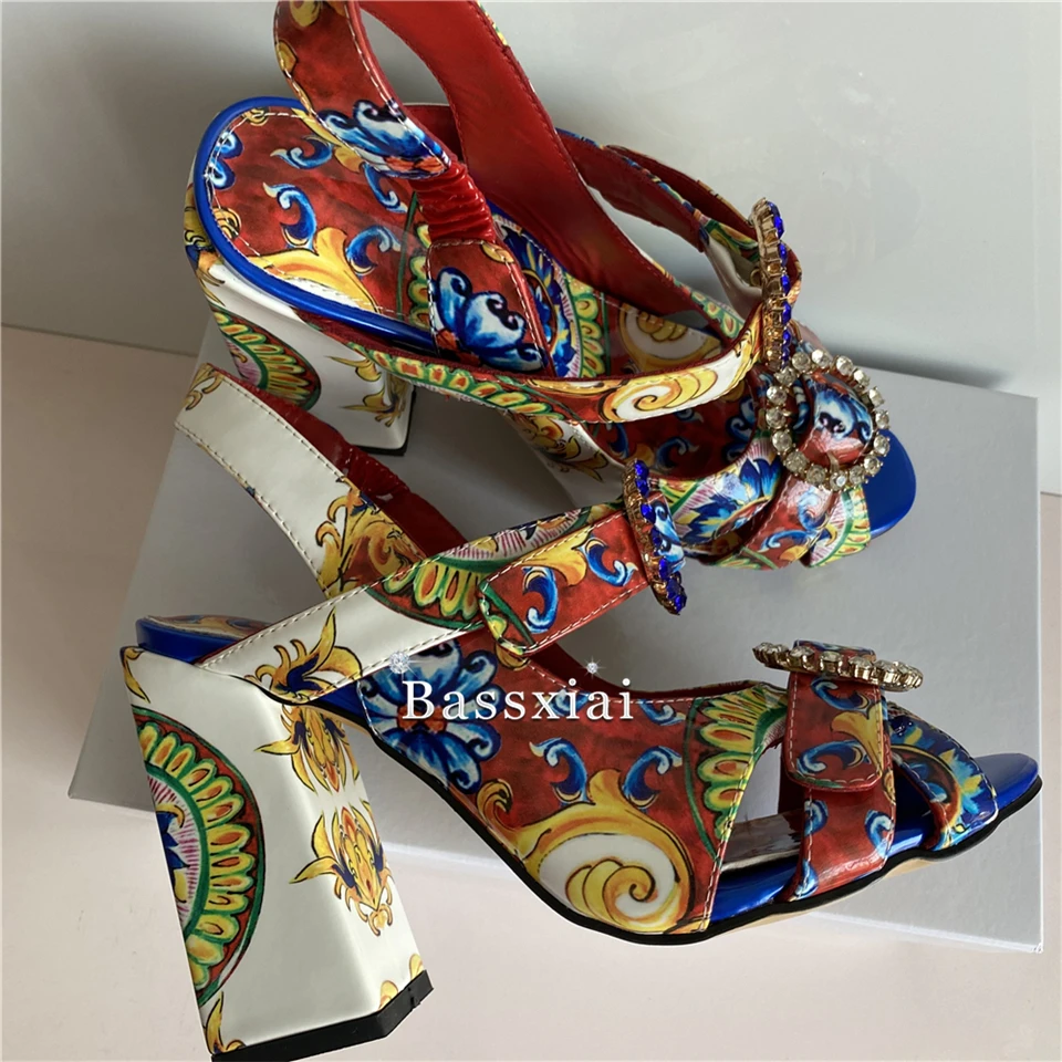 Exotic Style Print Flower Patent Leather Sandals Women Chunky Heel Open Toe Crystal Rhinestone Buckle Strappy Summer Shoes