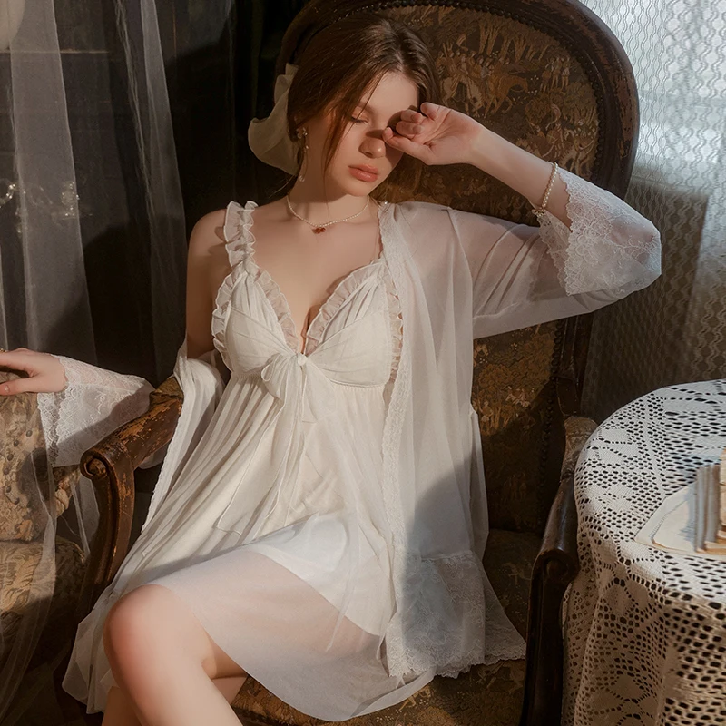 IRENE TINNIE Sexy Mesh Deep V With Chest Pad Bow Nightgown Robe Women Summer Nightwear Lace Sleepwear Dressing Gown Homewear