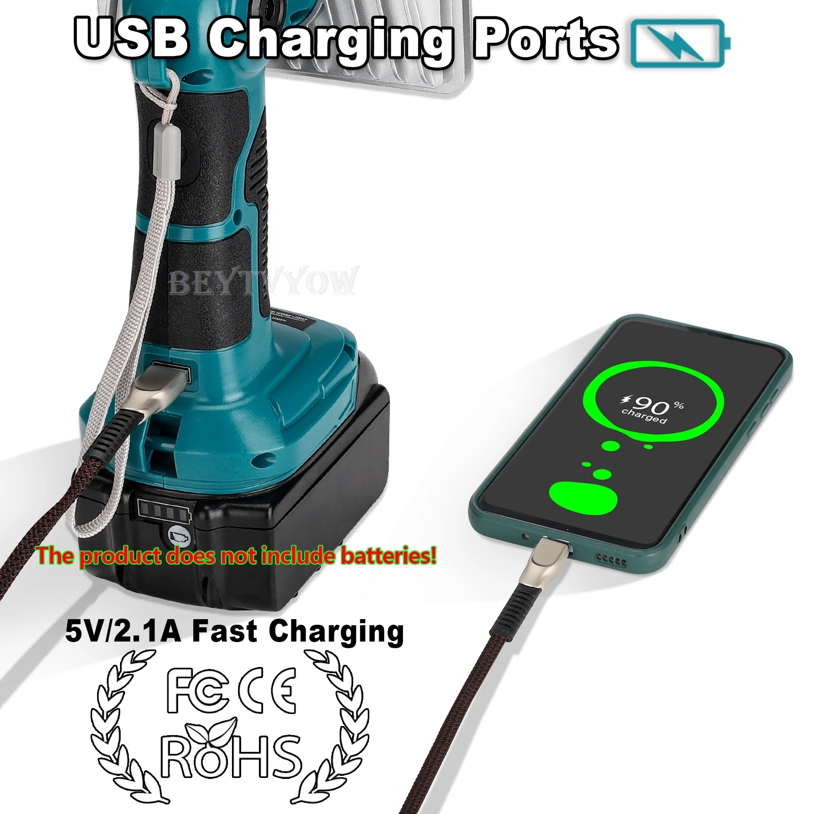 Projecteur LED sans fil 40W 4200LM, Compatible avec batterie Makita 18V, lampes de poche, lampe de travail avec USB 5V 2,1a