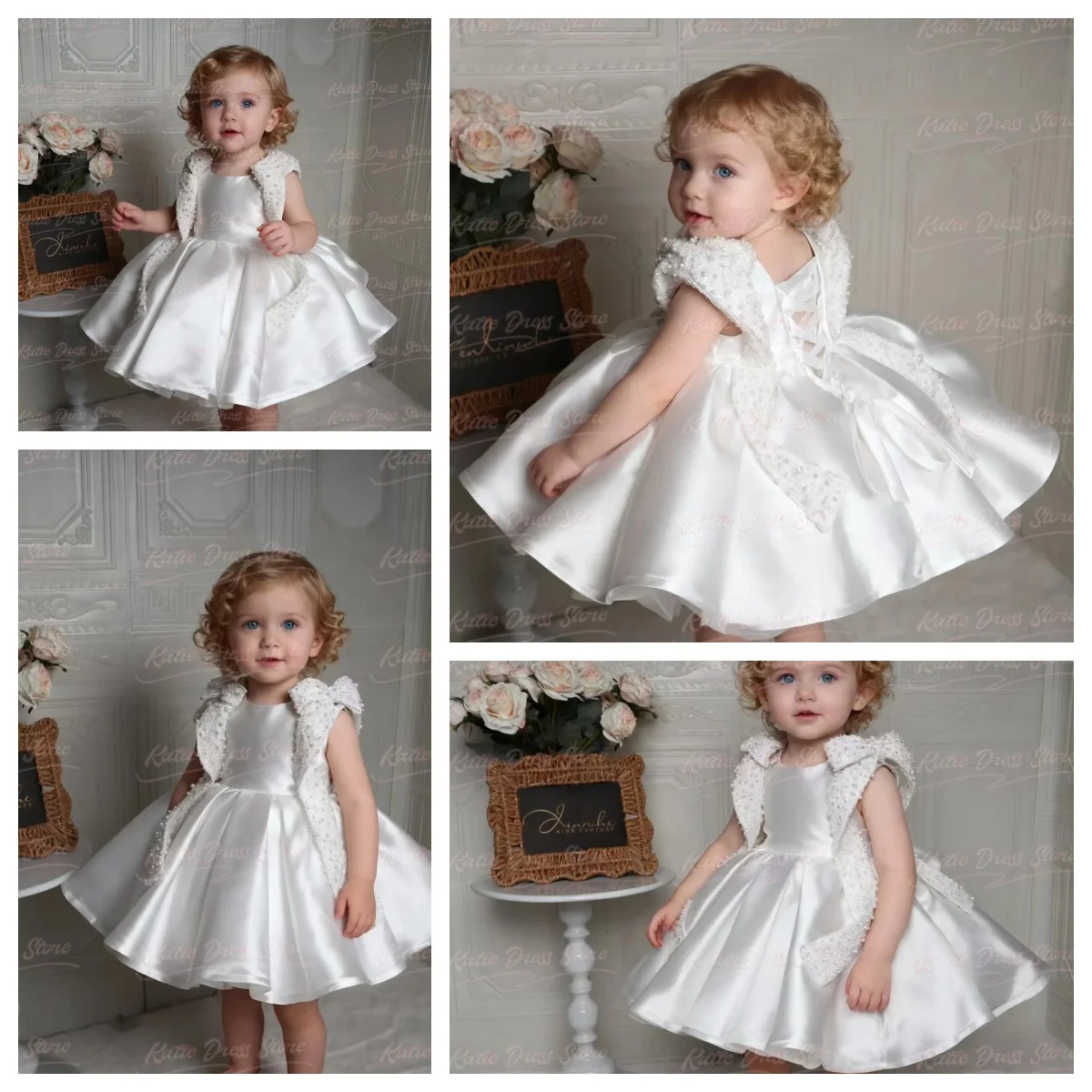 White Customized Satin Flower Girl Dress For Wedding Pearls Puffy Sleeveless Kids Birthday Party First Communion Ball Gowns