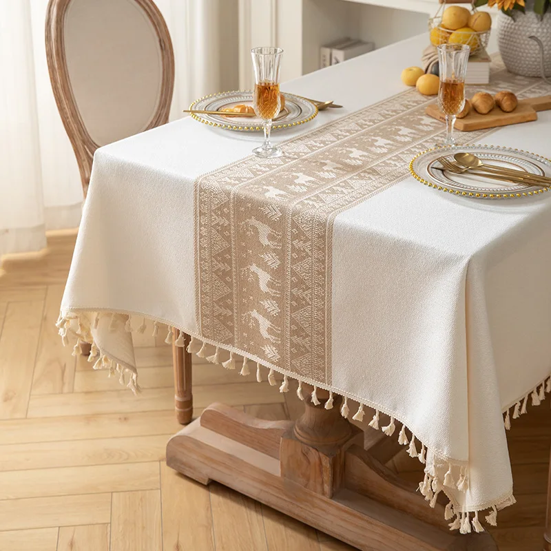 

Christmas Tablecloth Cotton Linen Fabric Dining Tablecloth Luxury High-end Feeling Rectangular Tablecloth Tassel Cover Cloth