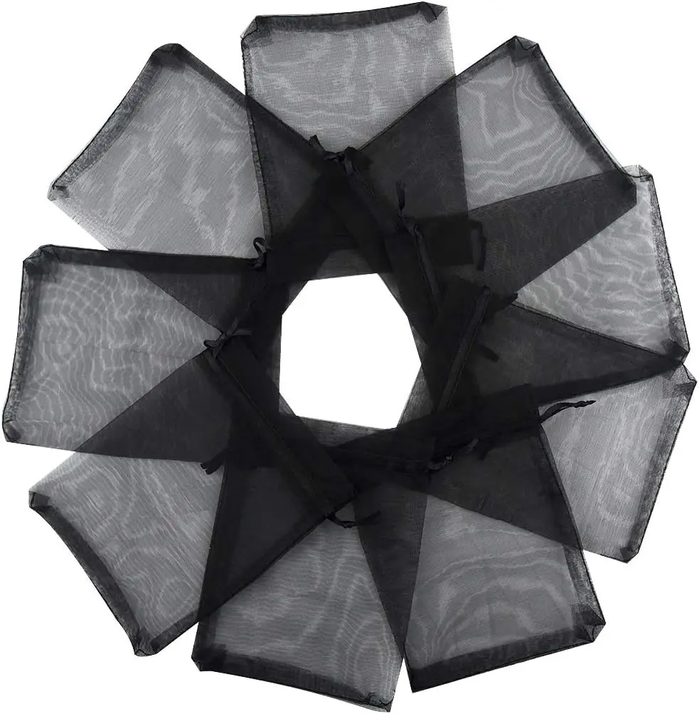50 Stück 5 x 7 7 x 9 9 x 12 cm schwarze transparente Organza-Geschenktüten mit Kordelzug für Hochzeit, Geburtstag, Mitbringsel, Schmuck-Display-Verpackung