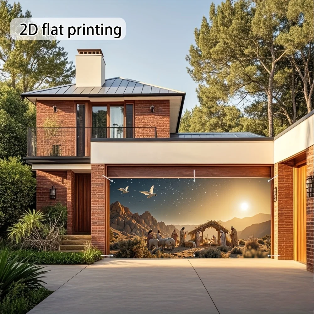 

1pc Christmas Nativity Scene Festive Backdrops & Banners, Garage Door Banner - Polyester Banner, Printing With Starry Night