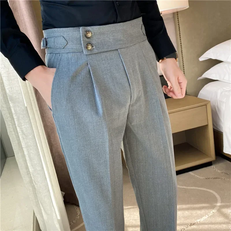 Mens Dress Suit Pants Striped Plaid British Style High Waist Casual Belt Design Slim Trousers Formal Office Social Wedding Party