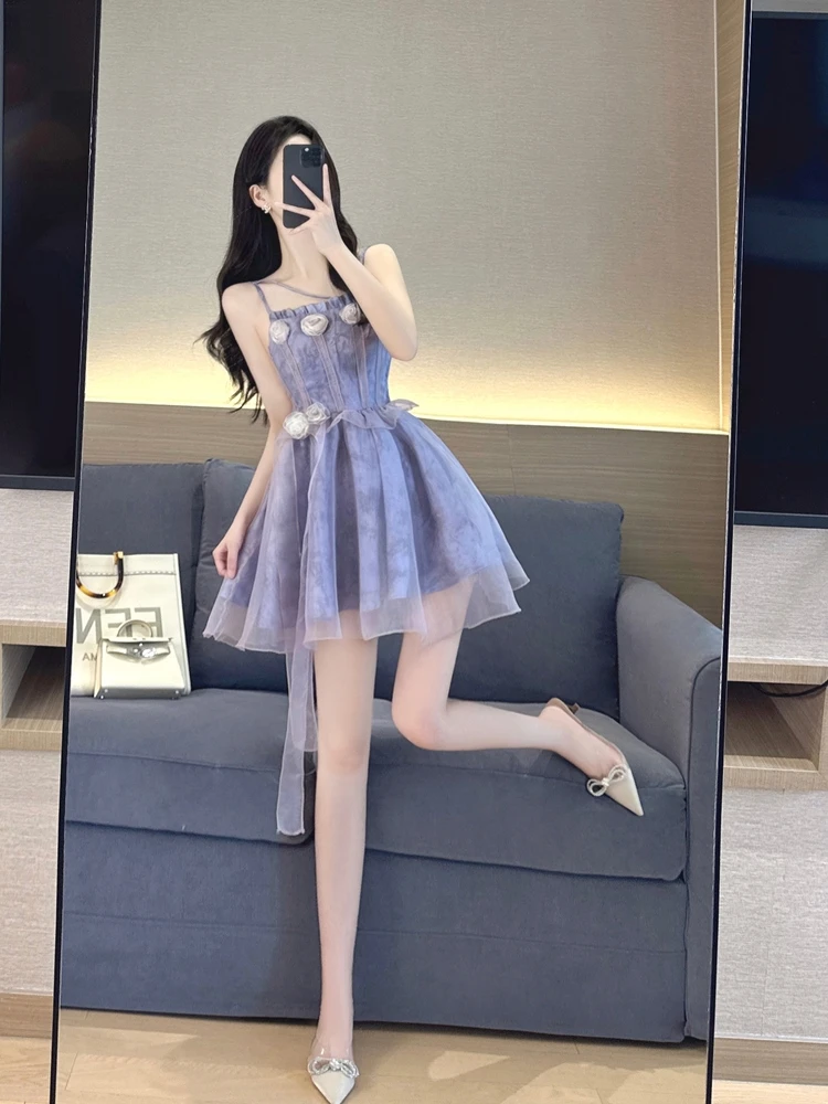 

Summer New Women's Puffy Skirt Sweet Princ Sle High Waist Net Fabric Strapl Dr 3D Flower Embellied Gown