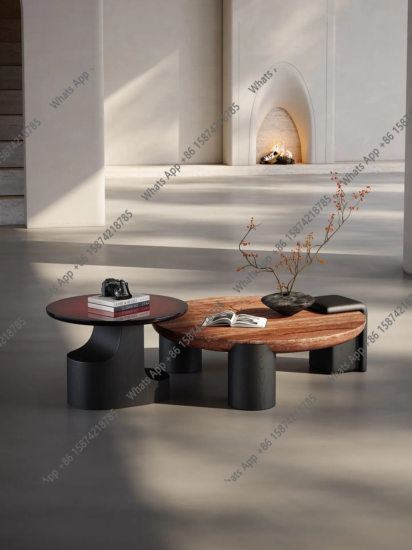 

Italian minimalist natural red travertine coffee table living room home new designer high-end round coffee table