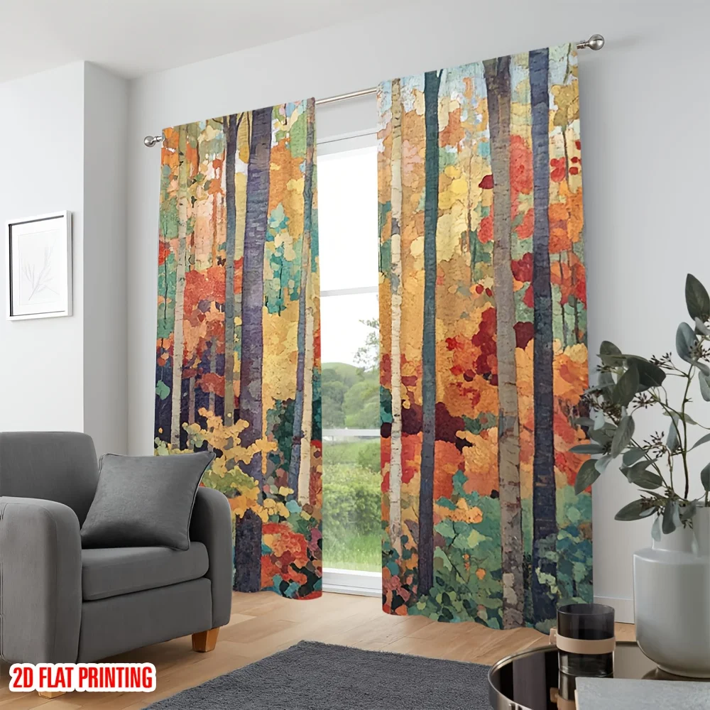 Aesthetic Autumn Forest Tree Print Curtains Drapes Nature Woodland Fall Seasonal Abstract Pattern Window Coverings Living Room H