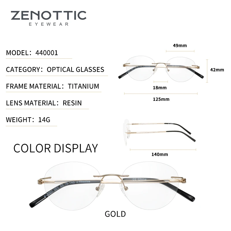 ZENOTTIC Reinem Titan Randlose Brille Rahmen Männer Ultraleicht Square Optische Klare Linse Brillen Myopie Brillen