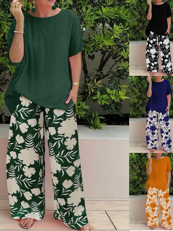 

Loosefitting ort Sve Printed Pants Two Piece Set Casual Sportswear Polyester round Ne Overhead for Young Women