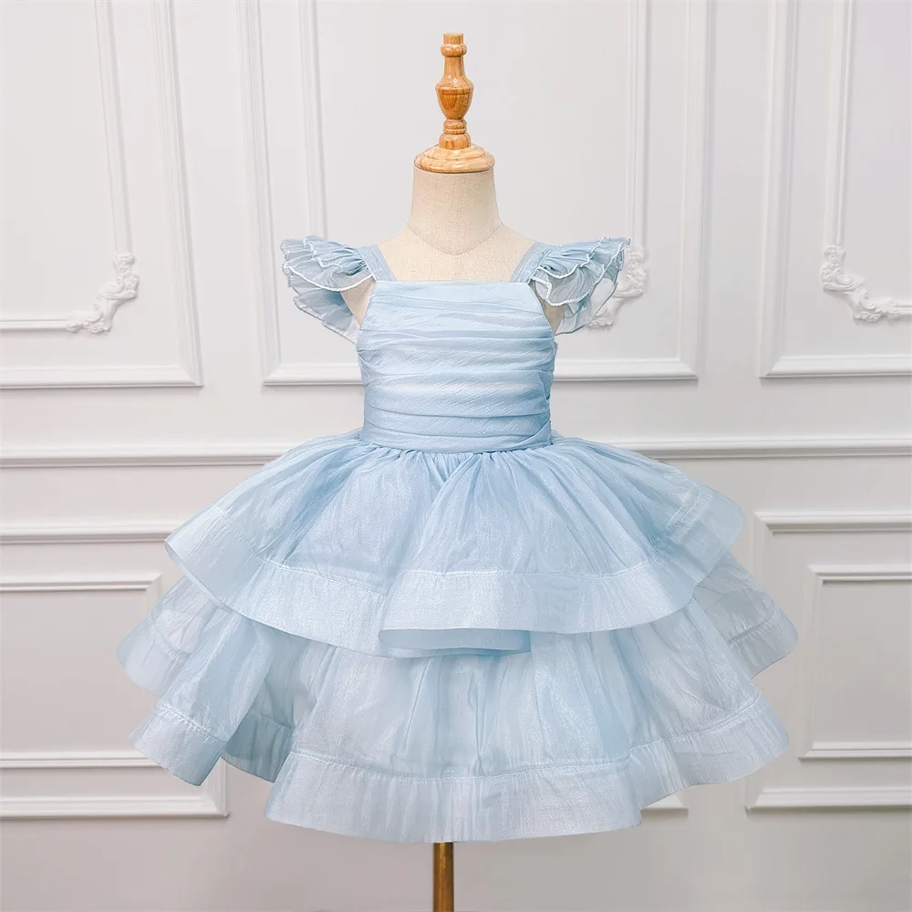 Girls Blue Ruffle Sleeve Party Dress Kid Tiered Tulle Ball Gown Toddler Pageant Dress Birthday Wedding Holiday Formal Wear ASQ03