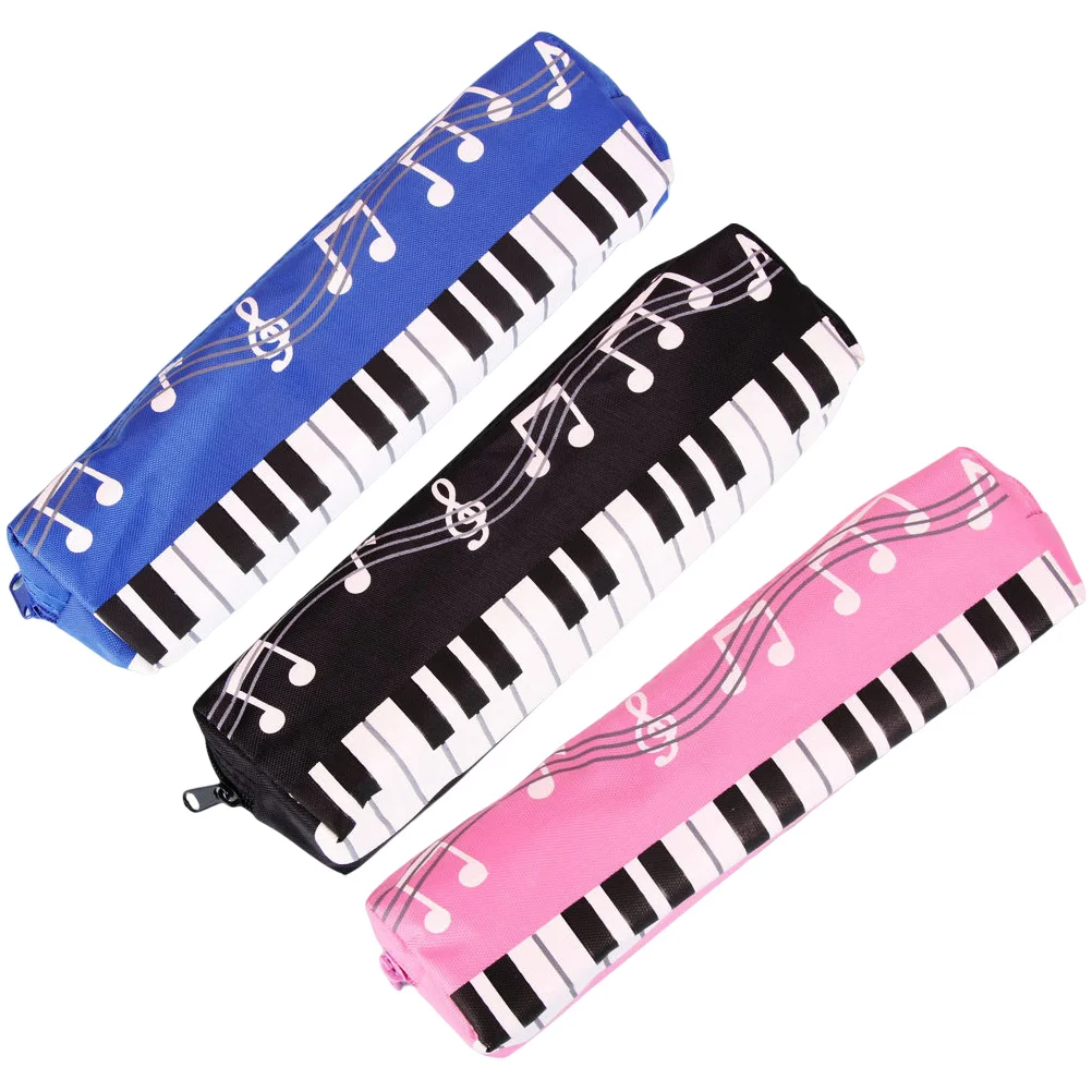 

3 Pcs Piano Pen Bag for Primary School Students Portable Zipper Holder Black Simple Design Large Capacity ganize Study