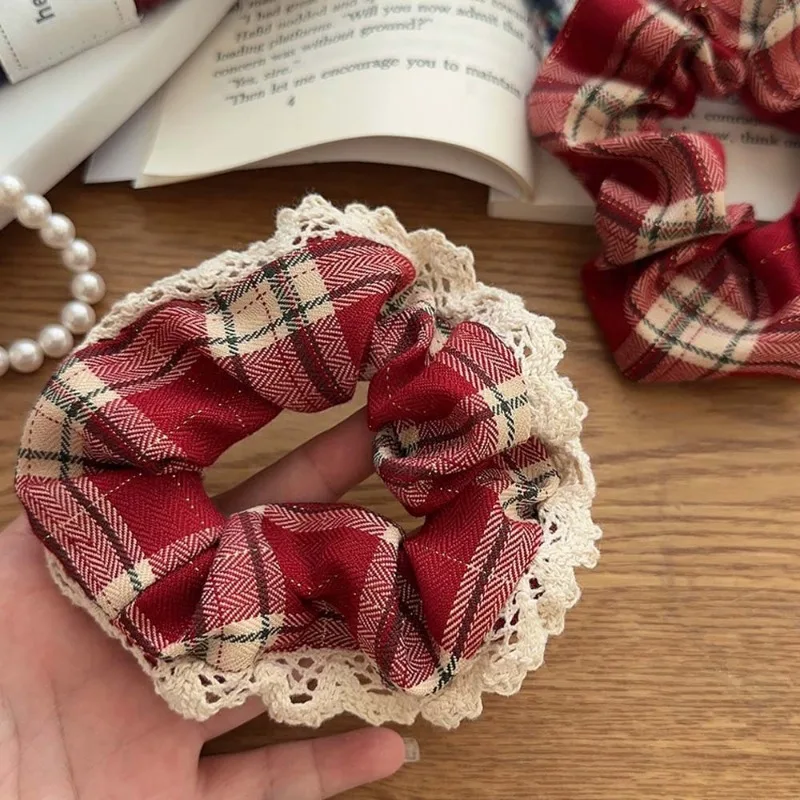 Scottish GirlClassic Red Pattern Hair Rope Large Intestine Ring Retro Easy Matching Hair Rope Hair Ring Tie Ponytail LeatherBand