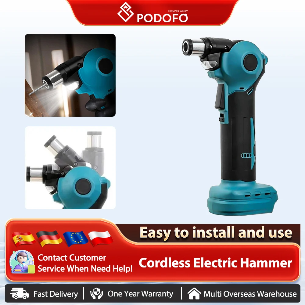 Wiertarka udarowa elektryczna Podofo z regulacją 0 ° /45 ° /90 ° Akumulatorowy młotek z oświetleniem LED do montażu szafek sufitowych